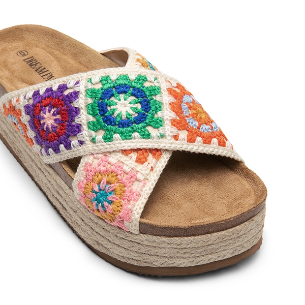 Raffia Flatform Flat Sandals - CREAM MULTI - 6